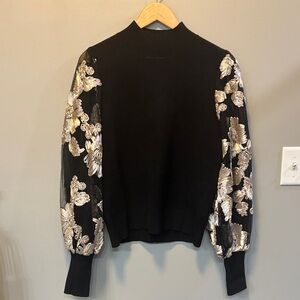Beautiful boutique black Sweater with Floral Embroidered Sleeves